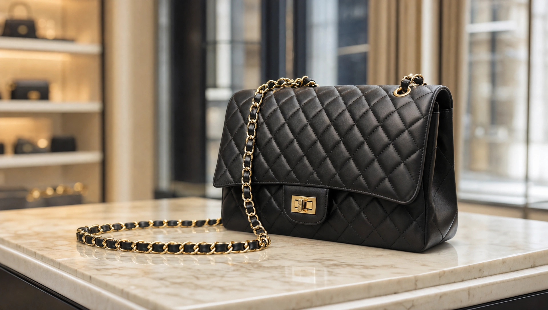 Borsa luxury vintage nera su piano in marmo